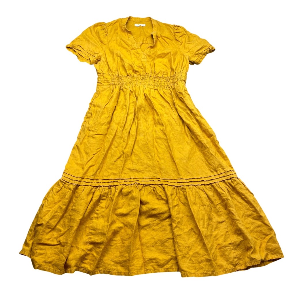 Boden Mustard Yellow 100% Linen Tiered Midi Dress US 16/18R Smocked Waist D0542